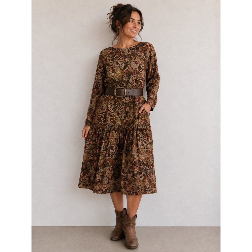 Outback Red Midi Dress Womens Medium Brown Floral Prairie Granola Earthy Vintage